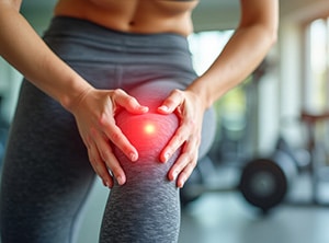 Woman with pain in her knee at the gym